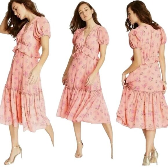 LoveShackFancy Pink Fleur Floral Ruffle Midi Dress - Picture 1 of 8